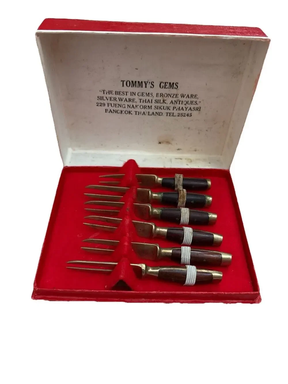 Vintage Tommy’s Gems Bangkok Thailand Cocktail Appetizer Fork Set Wood Handle